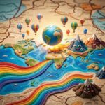 Абстрактный рисунок с планетой, горами, радугой и воздушными шарами